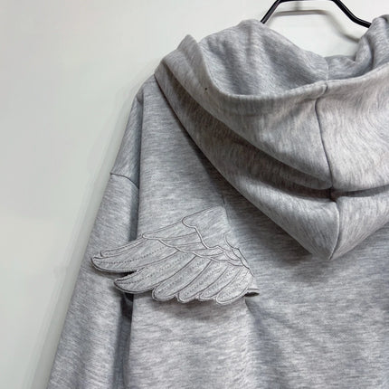 Women Fashion Grey Angel Wing Embroidered Hoodie Zipper Kawaii Pullover Sweatshirt Wing Y2K Streetwear Goth 2000s Alt Clothes