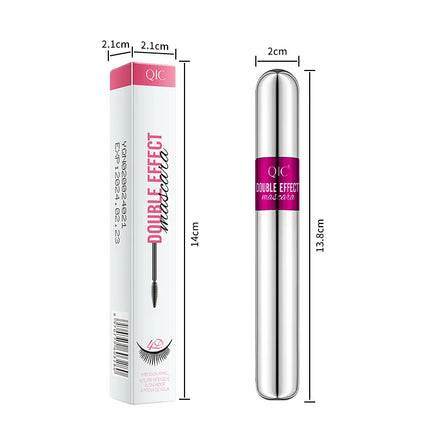 QIC Double Effect 4D Mascara Waterproof Long Curl Natural Thick Eyelash 2-in-1 Black Mascara with 2 Brush Heads