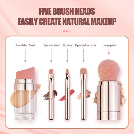 5-in-1 Detachable Travel Makeup Brush Set, Powder Eyeshadow Blush Brush with Vegan Synthetic Bristles, Multi-Functional Beauty