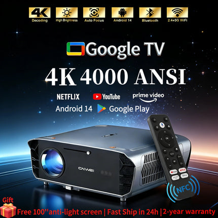Ultra HD Projector 4K Video Movies Beamer 4000 ANSI Smart Google TV Home Theater Android 14 Auto Focus Daytime Cinema Projector
