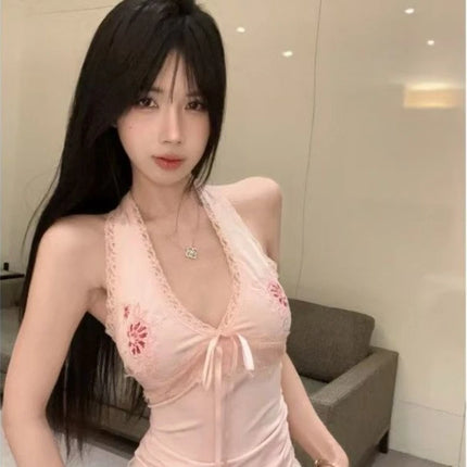 2025 Summer Aesthetic Vintage Slim Slash Neck Vest Women Sexy High Street Embroidery Print Sling Tops Y2k Hot Girl Lace Clothes