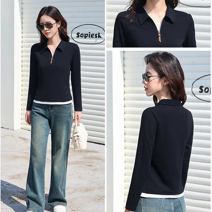 False Two-piece Design Polo Collar Shirt Women's Long Sleeve Cotton T-Shirt Solid Color Business Casual Blend Top Fashion Style