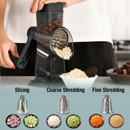 3-in-1 Manual Rotary Cheese Grater Vegetable Slicer with Suction Base Kitchen Mandoline Shredder for Potatoes Easy to Clean