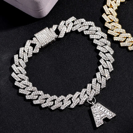 New 14MM Iced Out Cuban Chain 26 Initial Letter Anklets for Women Bling Paved Rhinestone Hip Hop Ankle Bracelet Barefoot Jewelry