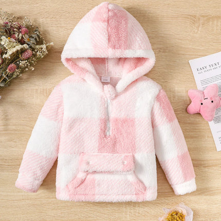 Little Girl Long Sleeved Hooded Sweater Cute Pink Plaid Jacket Plush Plush Thickened Fashion Clothes for Children Girl 2-8 Years