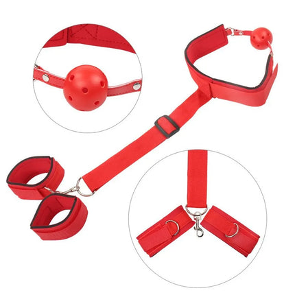 Adjustable Wrist Handcuffs Adult Bondage Gear Set Back Side Muzzle Mouth Restraint for Female Couples BDSM Parties