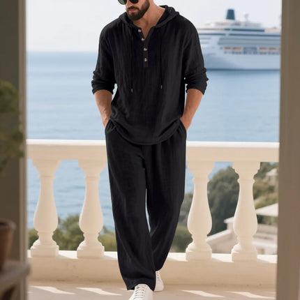 New Men's Linen Hooded Pullover Set - Loose Fit, Comfortable Casual Long-Sleeved Shirt and Wide-Leg Pants - Summer Beach Wear