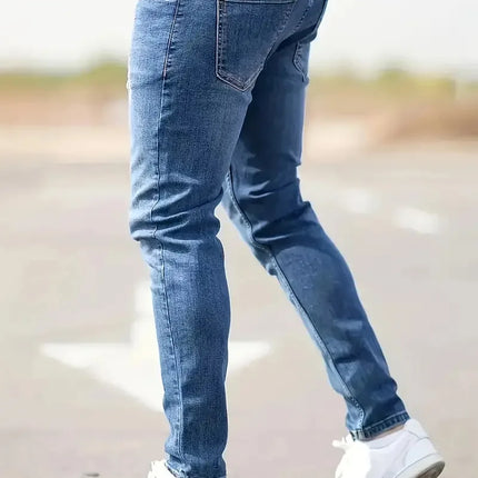2026 New Fashion Men's Skinny Ripped Jeans Mid Waist Stretch Denim Pants Male's Slim Trousers with Pocket Casual Soft Streetwear