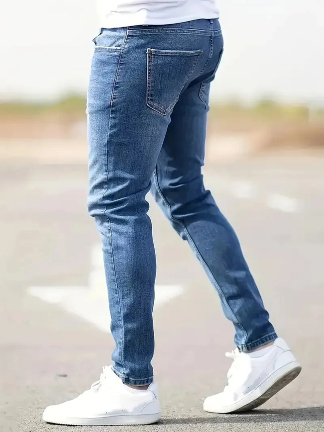 2026 New Fashion Men's Skinny Ripped Jeans Mid Waist Stretch Denim Pants Male's Slim Trousers with Pocket Casual Soft Streetwear