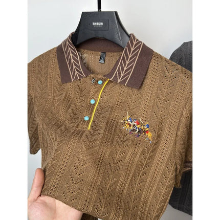 High end hollowed out jacquard knitted polo shirt brand embroidered men's summer short sleeved lapel t-shirt light luxury retro