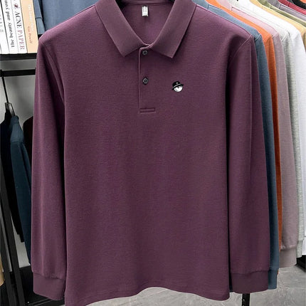 Men's Long-Sleeve Golf Polo Shirt, Branded Print, Spring, 100% Cotton, Comfortable, Breathable, Fashionable, Casual, High-End T-shirt