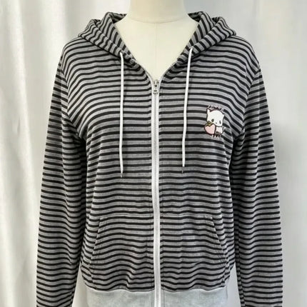 American Streetwear Women Striped Hooded Cardigan Autumn Slim Fit Cropped Zip Up Sweatshirt Casual Long Sleeve Outerwear Coat