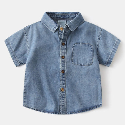 Toddler Kids Summer Jean Shirts Baby Boys Casual Denim Shirt Solid Color Short Sleeve Button Down Blouse Fashion Tops Streetwear