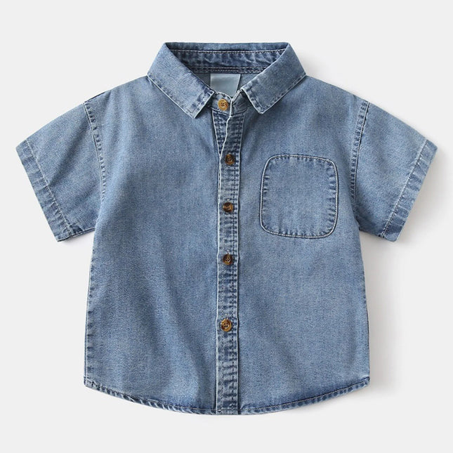 Toddler Kids Summer Jean Shirts Baby Boys Casual Denim Shirt Solid Color Short Sleeve Button Down Blouse Fashion Tops Streetwear