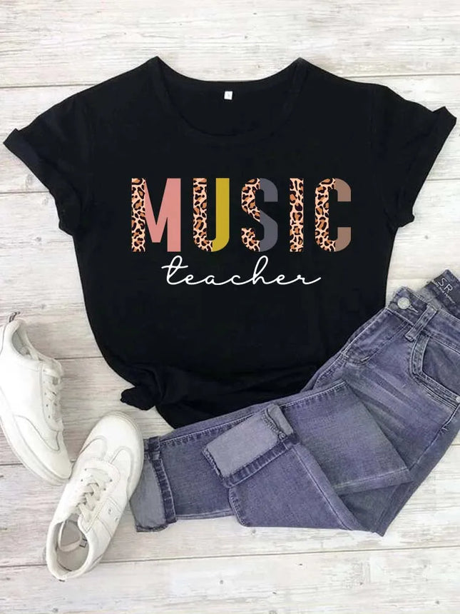 Fashion Women T Shirt Musical Note Printed T Shirt Casual Black Tops 90s Ladies Girls Tee Shirt Female Harajuku Graphic T-shirt
