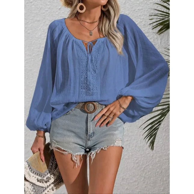 Plus Size 1XL-5XL New Women's  Fashion Long Sleeve Solid Color Shirts Women's Vintage Vacation Style Lace Women Clothing