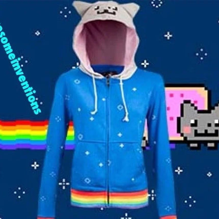 Nyan Cat Blue Zip Up Embroidered Hoodie Pixel Face Ears Hood Rainbow Stripes Star Dots Sweatshirt Jacket Unisex Y2K
