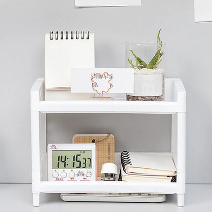 PP Desktop Double Layer Storage Rack Rectangular White Organizing Student Desk Office Cosmetics Stationery Shelf