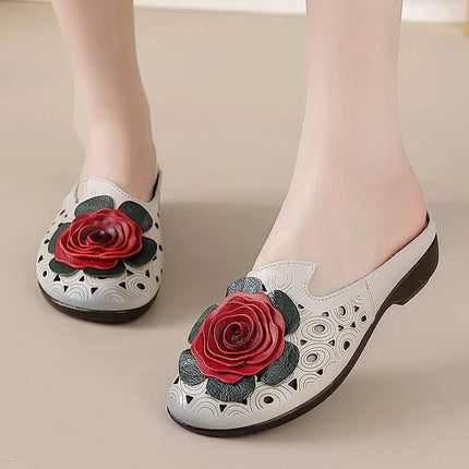 New Women's Breathable Perforated Leather Mules Vintage Tassel Slip on Flats Woman Casual Summer Shoes Hollow Slippers Outdoor