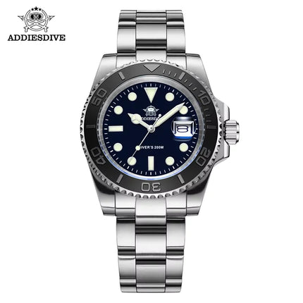 ADDIESDIVE Men's Quartz Watch 200m Waterproof Ceramic Bezel Steel Watch Magnifying Mirror Glass BGW9 Blue Luminous Diving Watch
