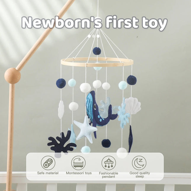 Blue Whale Baby Crib Mobile Newborn First Toy Non Woven Fabric Bamboo Ring Shape Cognition Auditory Development Nursery Decor