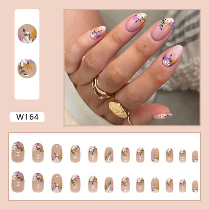 Fresh Flower 24 Pcs Press on Nails Pink Nail polish Glossy Artificial Finger Manicure Reusable False Nails for Women