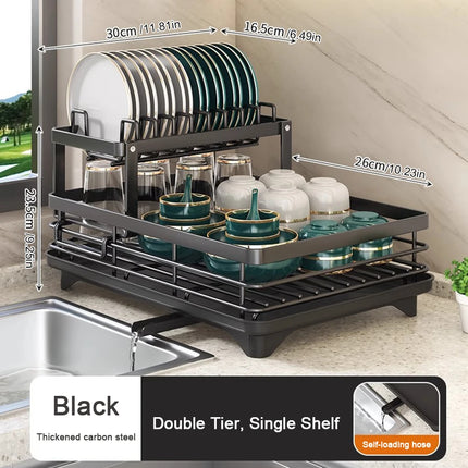 2-Tier Adjustable Carbon Steel Dish Drying Rack Kitchen Counter Dish Drainer Plates Bowls Cutlery Storage Organizer