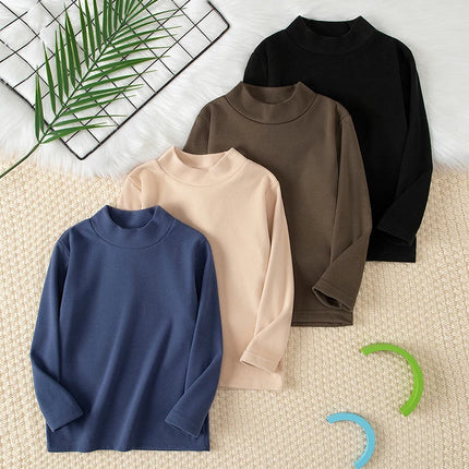 1/2/3piece Children's Autumn And Winter Warm Mid Neck Solid Color Base Casual Top T-shirt Boys And Girls Brushed Sports Pullover