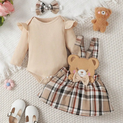 Baby Girl and Child Spring and Autumn Apricot Round Neck Lotus Leaf Edge Little Bear Long Sleeve jumpsuit and Bow Grid Strap Ski