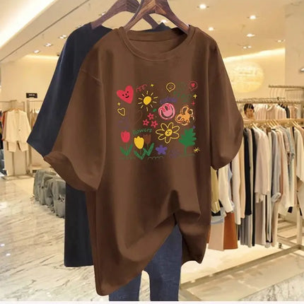 Women Clothing Chic Hand-painted Printing Basic T-shirt Summer Fashion Pure Cotton Round Neck Short Sleeve Tees Casual Loose Top