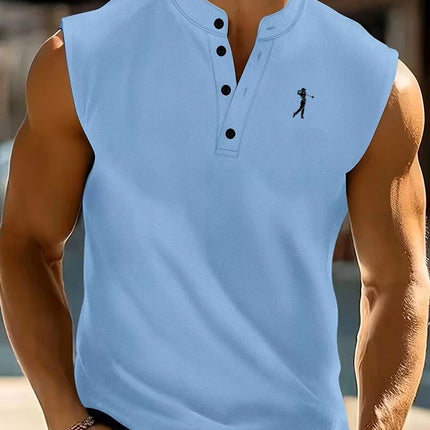Men's Golf Print Stand Collar Sleeveless Henley Tank Top | Waffle Knit Breathable Casual Sports Shirt