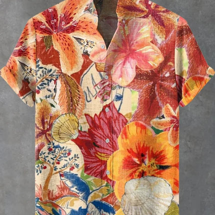 Men's Short Sleeve Shirt Hawaiian Plant Print Flap-Collar Beachfront Button Shirt Casual Top Fashion Shirt