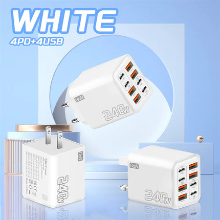 240W 8 Port USB C Charger PD Fast Charging Charger Wall Adapter EU/US/UK Plug Charger Quick Charge 3.0 Multi Ports Power Adapter
