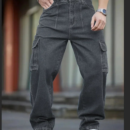 Men's Deep Blue Washed Denim Workwear Jeans Casual Multiple Pockets Design Loose Wide Leg Trousers Y2K Style Cargo Pants