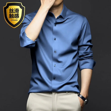 6XL Mens dress black shirts long-sleeved Office Wear Oversize wrinkle-proof non-ironed solid color business casual ice silk