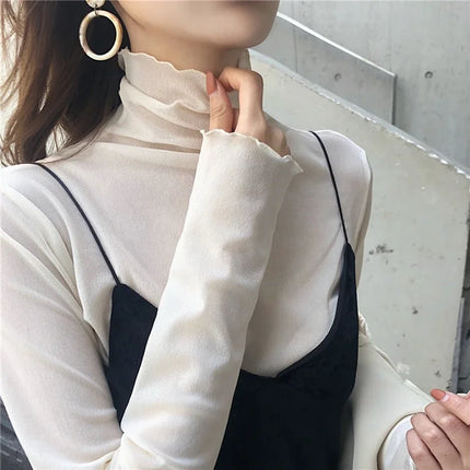 Sexy Women T Shirt See Through Transparent Mesh Tops Long Sleeve Sheer Slim Ladies Solid Turtleneck Silk T-Shirt Lace Crop Top