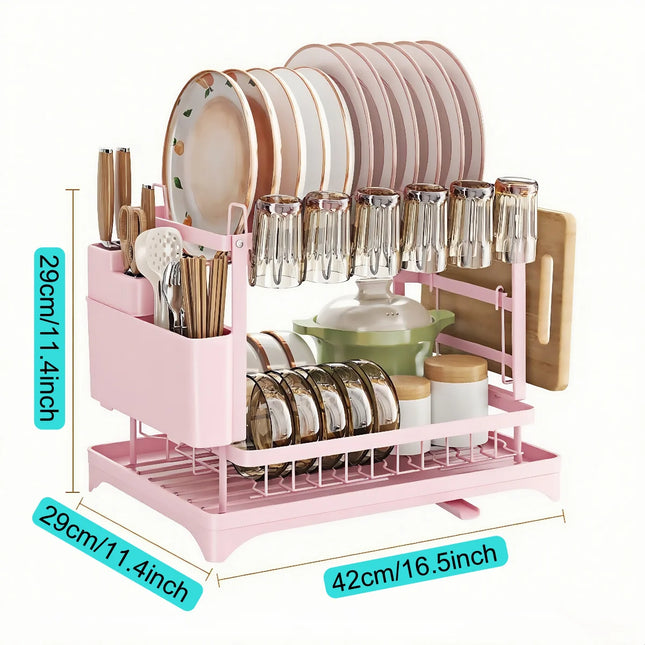2-Tier Dish Drying Rack with Rotating Drain Spout, Rustproof Heavy-Duty Dish Rack with Utensil Holder, Space-Saving