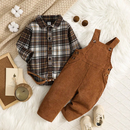 Outdoor Casual Set For Male Infants In Autumn And Winter Featuring Long-Sleeved Plaid Shirts And Long Pants Jumpsuits