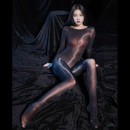 8D Full Body Stockings Unisex Oil Shiny Smooth Silky Bodysuits Women Men Long Sleeve Jumpsuit Erotic Lingerie Transparent Tights