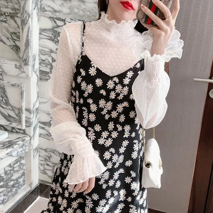 Women's Black Lace Flared Sleeve Slim Fit T-Shirt Long Sleeve Round Neck Base Shirt Fashion Kimono Bottoming Top for Women