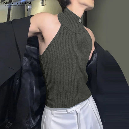 INCERUN Tops 2025 Korean Style Fashion Men's Knitted Texture Hanging Neck Design Vests Casual Streetwear Solid Zipper Tank Tops