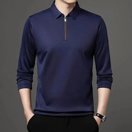 Spring and Autumn Men's Collared Polo Shirt Casual Long-Sleeved Men's Solid Color Top Fashionable Streetwear Zipper Collar Men's