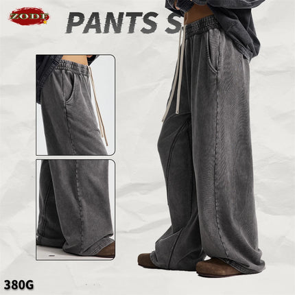 ZODF Retro 2025 Autumn Men 380gsm Washed Cotton Pants Unisex Distressed Loose Terry Sport Trousers Sweatpants HY1079