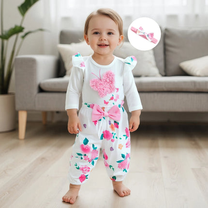 Baby Girls Fall Outfit Long Sleeve Butterfly Print Romper with Floral Pants and Bowknot Headband Clothing Set