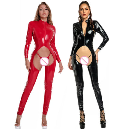 Sexy Women Faux Leather Catsuit Stretch Shiny PVC Latex Bodysuit Open Crotch Jumpsuits Front Zipper Erotic Crotchless Costumes