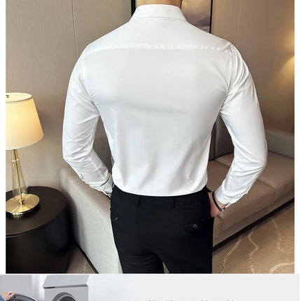 Seamless silk business casual shirt, long sleeved white non ironing elastic silk sliding cross shirt, men's formal wear