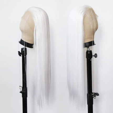 Long Straight Lace Front Wigs Platinum White Natural Heat Resistant Synthetic Hair Half Hand Tied Wigs for Cosplay Daily Wear