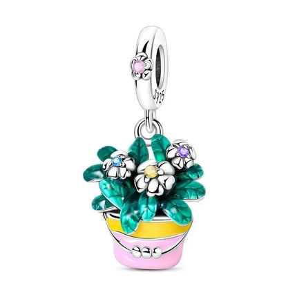 925 Silver Flowers Bouquet Rose Sunflower Blossom Petal Charms Beads Pendant Bracelet Necklace DIY Valentine's Day Gift Jewelry