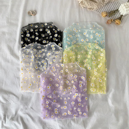2023 Autumn Hollow Out Mesh T-Shirt Daisy Flower Pattern Crop Top sexy Transparent Long Sleeves Basic Tops For Women Lace Tops