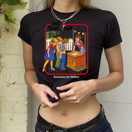 Crop Top Gothic Horror Y2k Aesthetic 90s Satan T Shirt Women Satanism Evil Demon Grim Death Tshirt Female Cropped T-shirt